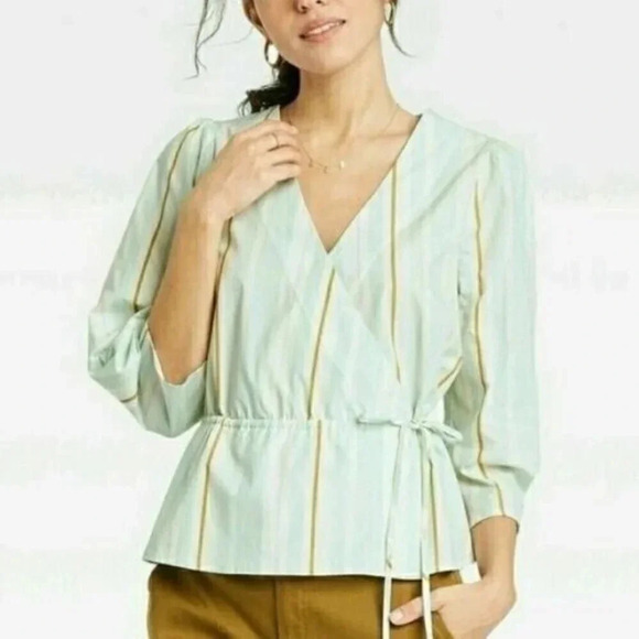 A New Day Blouse Green Striped Medium 3/4 Sleeve Wrap V Neck Peasant Boho - Picture 1 of 3